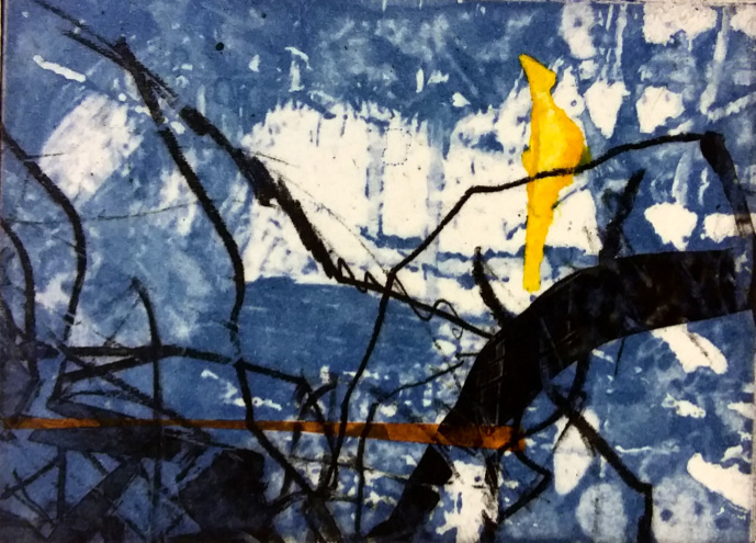Freiraum, 2018 | 3-Farben-Tiefdruck mit Collage | 9 x 12,5 cm
