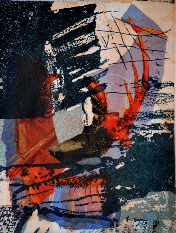 Dunkler Gruss, 2014 | 3-Farben-Tiefdruck mit Collage | 21 x 16cm
