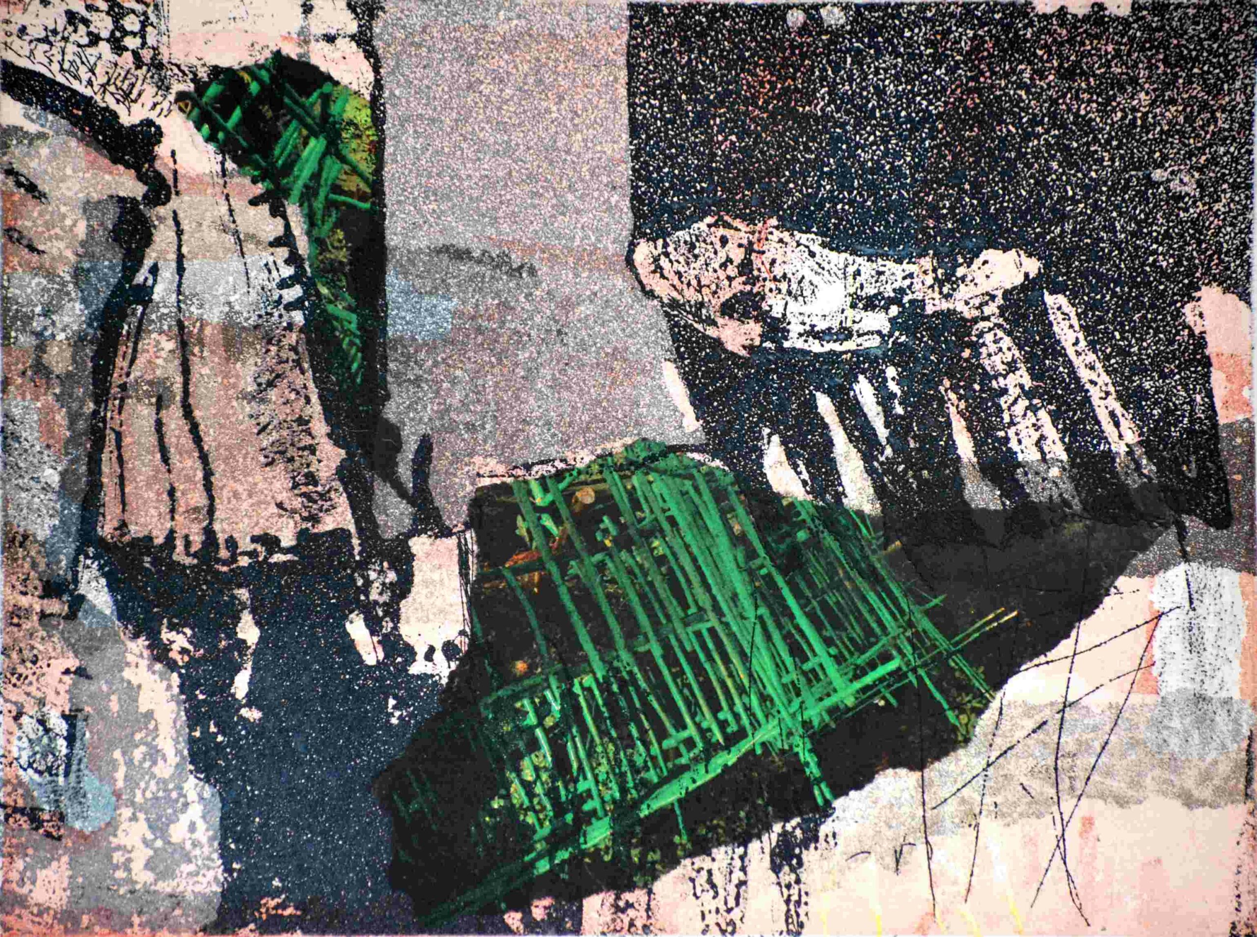 Aufstieg Grün, 2014 | 3-Farben-Tiefdruck mit Collage | 16 x 21cm